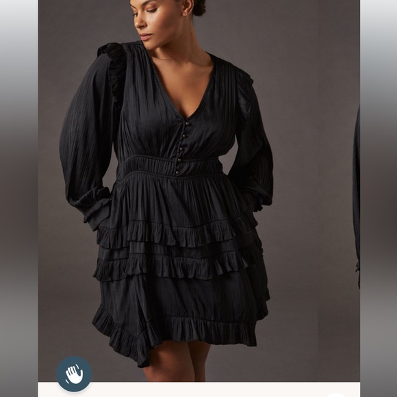 By Anthropologie Tiered Ruffled Mini Dress black Long Sleeve XL Satin $160 - Picture 4 of 10